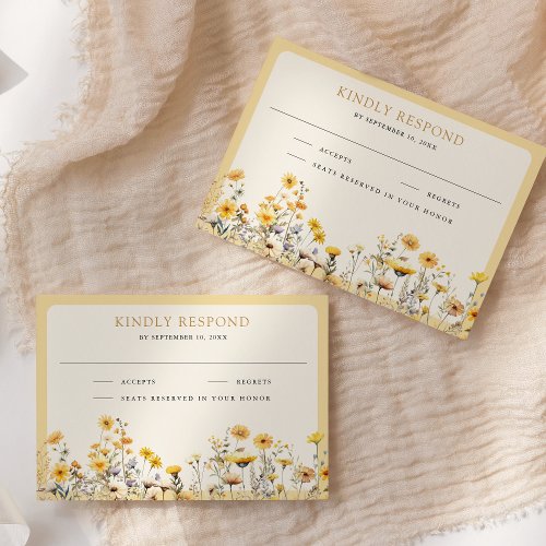 Yellow Boho Wildflower Floral Wedding RSVP Card