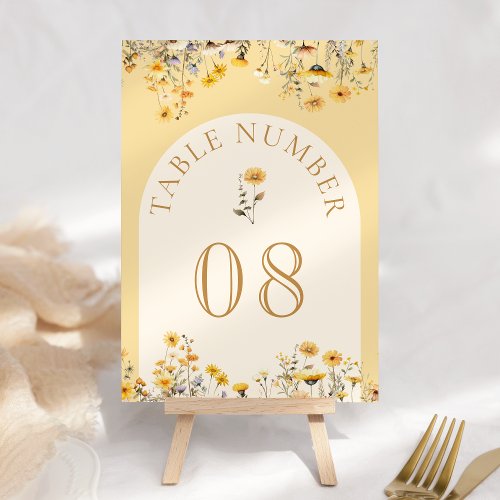 Yellow Boho Wildflower Floral Wedding Table Number