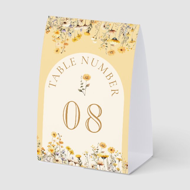 Yellow Boho Wildflower Floral Wedding Table Number Paper Table Tent (Front)