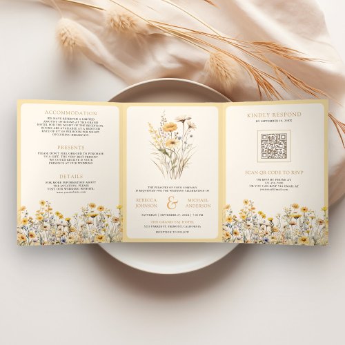 Yellow Boho Wildflower Photo QR Code Wedding Tri_Fold Invitation