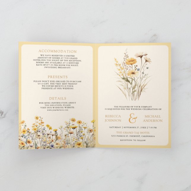 Yellow Boho Wildflower QR Code Wedding Invitation (Inside)