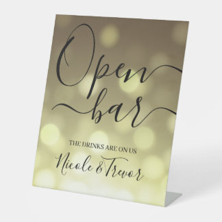 Yellow Bokeh Wedding Open Bar Pedestal Sign
