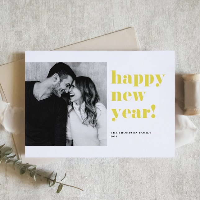 Yellow Bold Typography Photo Happy New Year Holiday Card (Creator Uploaded)