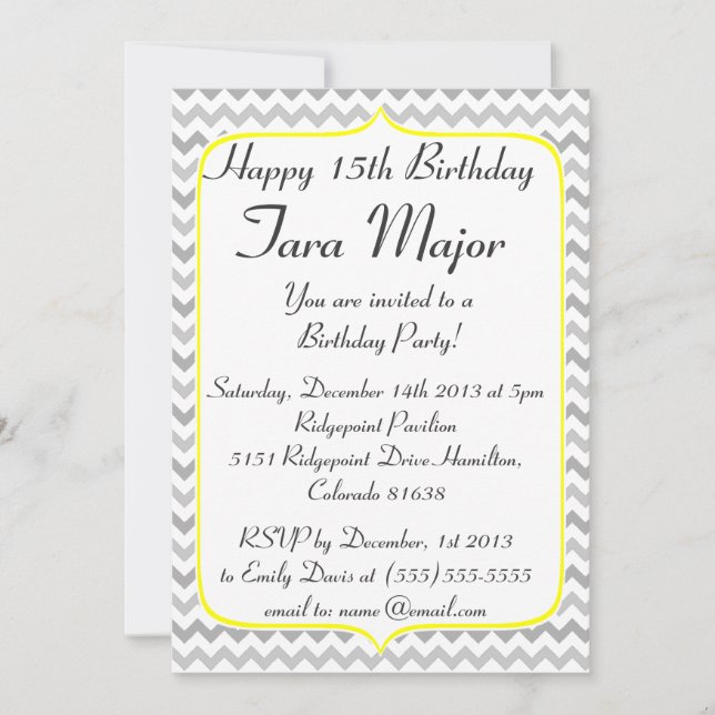 Yellow Border and Grey Chevron Birthday Invitation (Front)