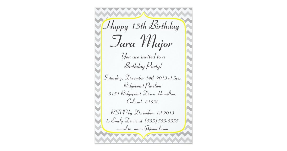 Yellow Border And Grey Chevron Birthday Invitation Zazzle Com