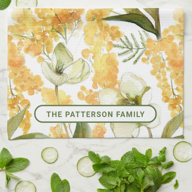 Yellow Botanical Floral Custom Name Gift Kitchen Towel (Folded)