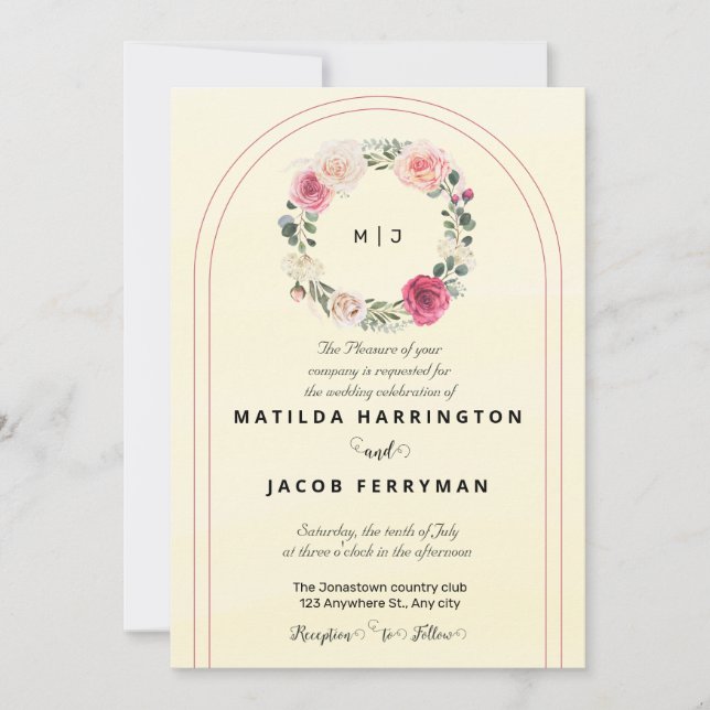 Yellow Botanical Monogram Floral Wreath Invitation (Front)