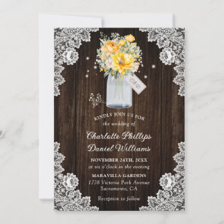 Yellow Botanical Rustic Wood Lace Wedding Invitation
