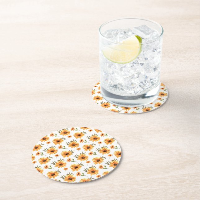 Yellow Botanical Sunflower Greenery Dining Round Paper Coaster (Insitu)