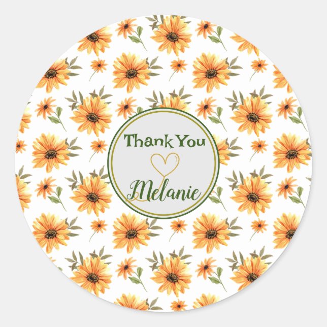 Yellow Botanical Sunflower Name Personalized Gift Classic Round Sticker (Front)