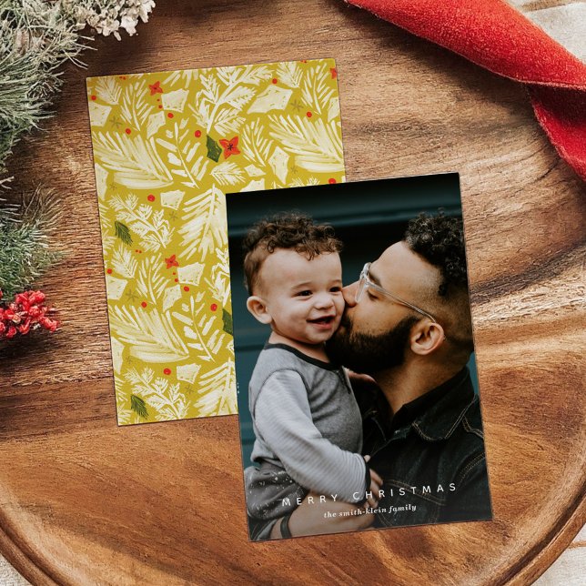 Yellow Botanical Vertical Photo Holiday Card (Chartreuse Yellow Festive Botanical Vertical Photo Holiday Card)