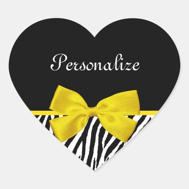Yellow Bow and Zebra Print Trendy Animal Pattern Heart Sticker (Front)