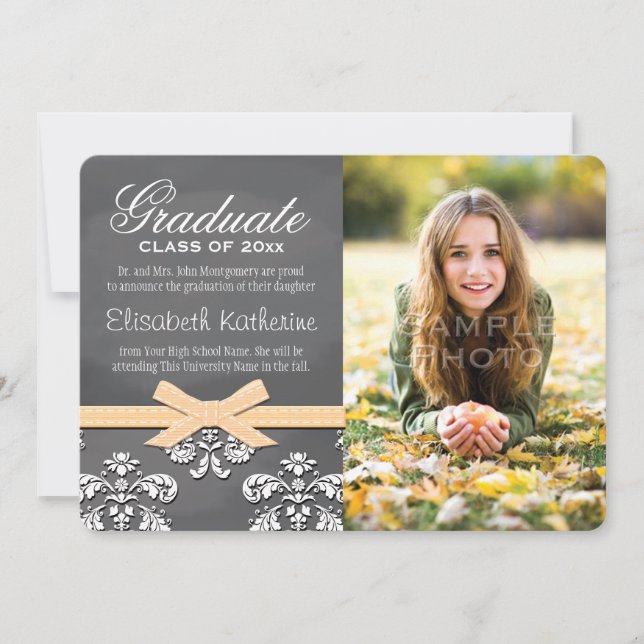 YELLOW Bow Chalkboard Lace Graduation Announcement (Front)