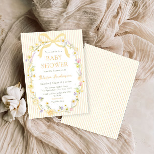 Yellow Bow Floral Stripes Baby Shower Invitation