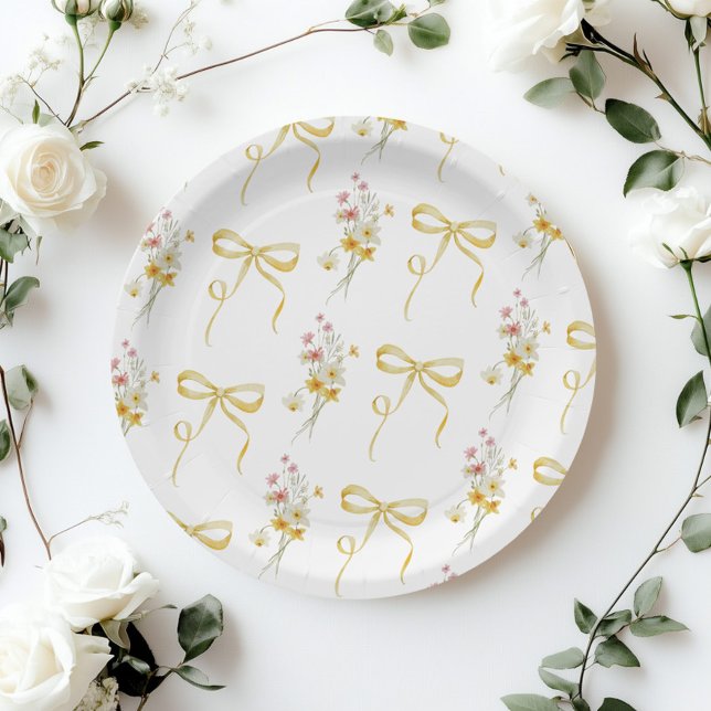 Yellow Bow Summer Wildflowers Baby shower Paper Plates (Creator Uploaded)