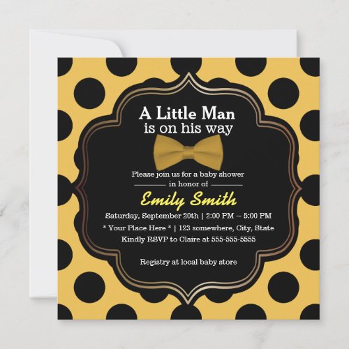 Yellow Bow Tie Polka Dots Little Man Baby Shower Invitation