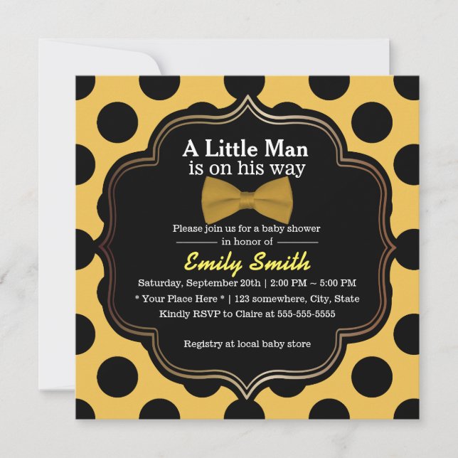 Yellow Bow Tie Polka Dots Little Man Baby Shower Invitation (Front)
