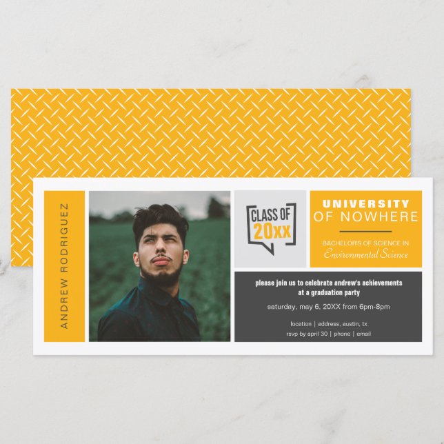 Yellow Boxes & Photo Wide Graduation Invitation (Front/Back)