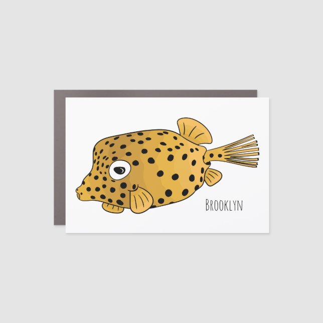 Yellow boxfish cartoon illustration car magnet (Front)