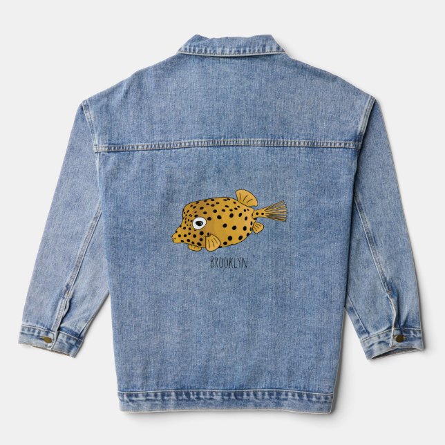 Yellow boxfish cartoon illustration denim jacket (Back)