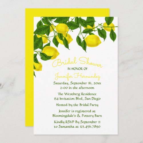 Yellow Bridal Shower  Lemon  Green Watercolor Invitation