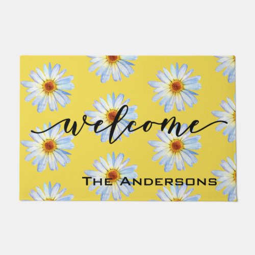 Yellow Bright Daisy Trendy Welcome Personalized Doormat