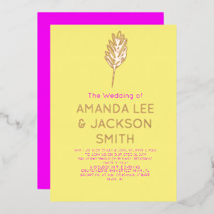 Yellow Bright Pink Sprig Leaf Wedding Rose Foil Invitation