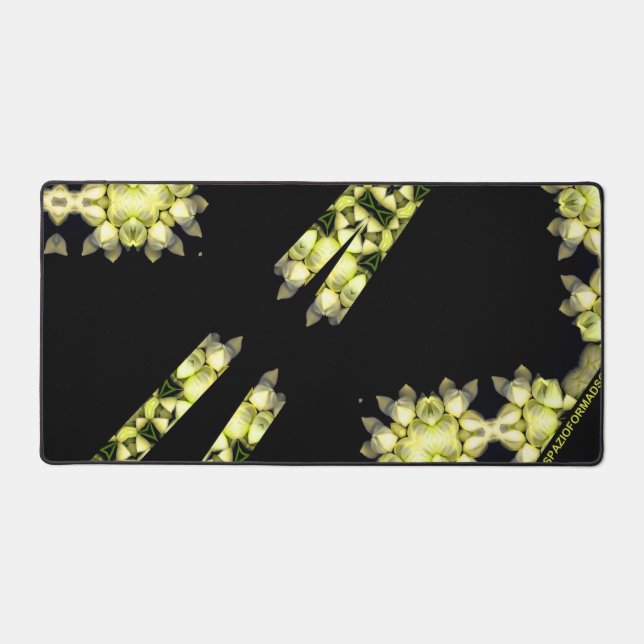 Yellow broken heart in black from silver desk mat (Front)