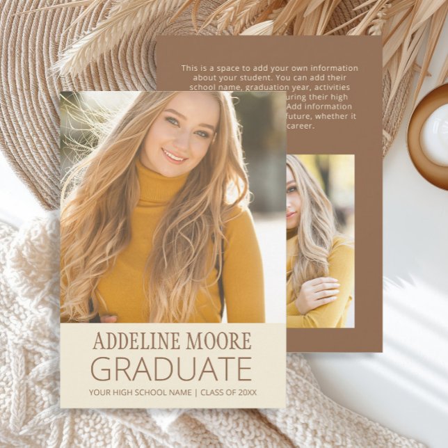 Yellow Brown 2-Photo Graduation Announcement (Modern soft yellow and brown 2-photo graduation announcement card)