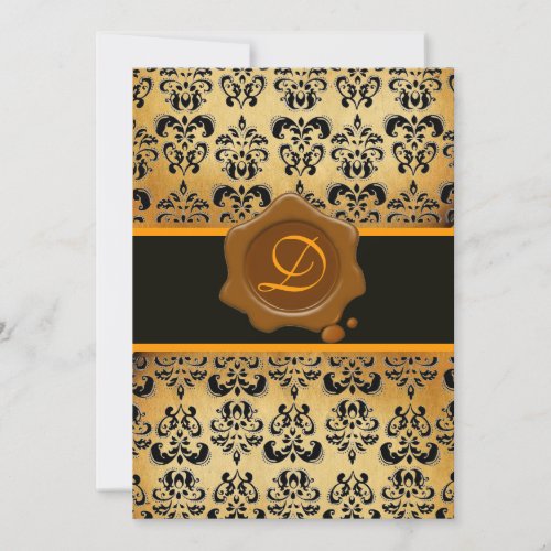 YELLOW BROWN AND BLACK DAMASK WAX SEAL MONOGRAM INVITATION