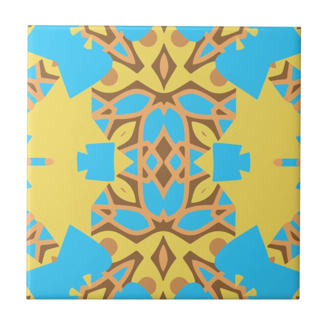 Yellow Brown and Turquoise Ethnic Boho Pattern Ceramic Tile (Front)