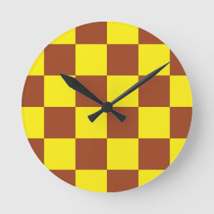 Yellow Brown Checkered Check Pattern Round Clock