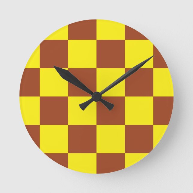 Yellow Brown Checkered Check Pattern Round Clock (Front)