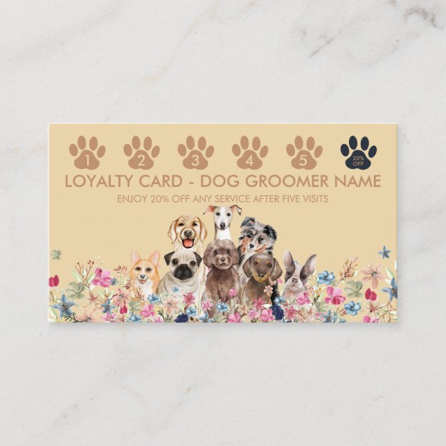 Yellow Brown Dog Walker Groomer Punch Loyalty Business Card (Front)