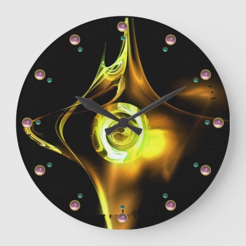 YELLOW BROWN FRACTAL ROSE IN BLACK PINK GEMSTONES LARGE CLOCK