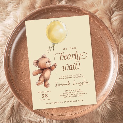 Yellow Brown Gender Neutral Teddy Bear Baby Shower Invitation