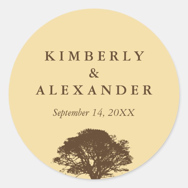 Yellow brown oak tree wedding favor label seal (Front)