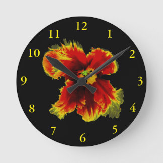 Yellow Brown on Black Flower Pattern Round Clock