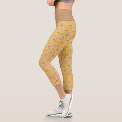 Yellow_Brown Paisley Pattern High Waisted Capris