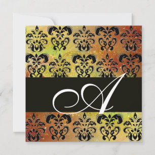 YELLOW BROWN RED  BLACK  DAMASK MONOGRAM , white Invitation