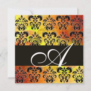 YELLOW BROWN RED BLACK DAMASK MONOGRAM , white Invitation
