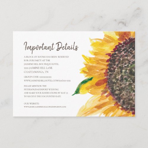 Yellow Brown Sunflower Boho Wedding Details Enclosure Card