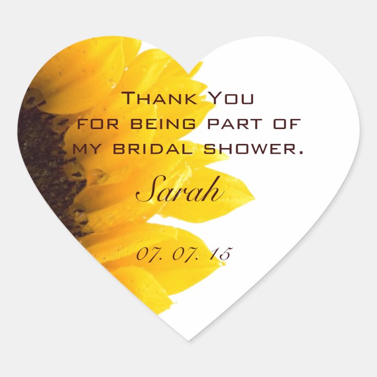 Yellow Brown Sunflower Bridal Shower Thank You Heart Sticker Zazzle