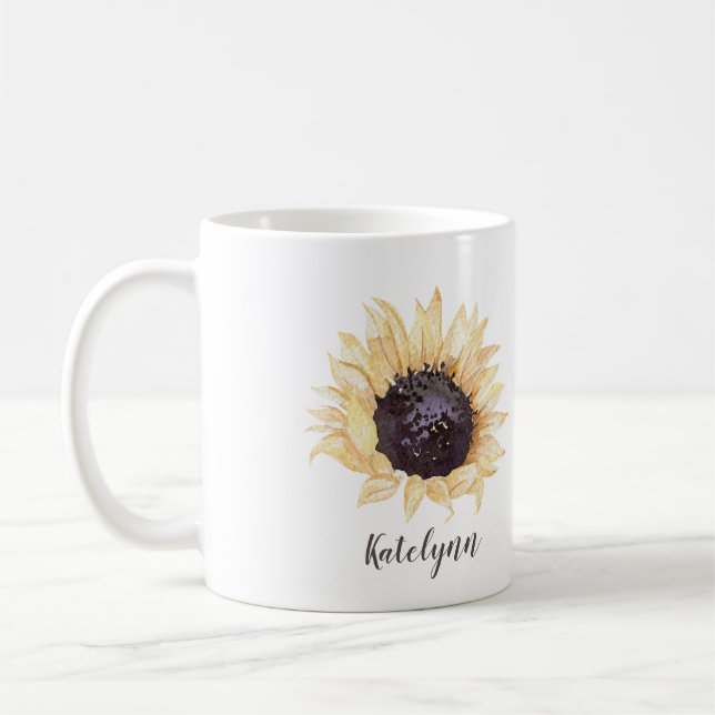 Yellow & Brown Sunflower Personalized Coffee Mug (Left)