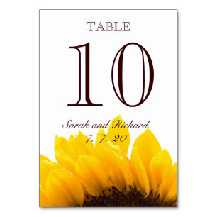 Yellow Brown Sunflower Wedding Table Number Card
