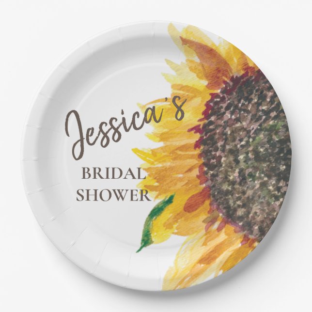 Yellow Brown Sunflower White Bridal Shower Paper Plates (Front)