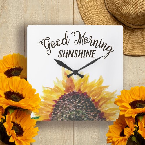 Yellow Brown Sunflower White Good Morning Sunshine Square Wall Clock
