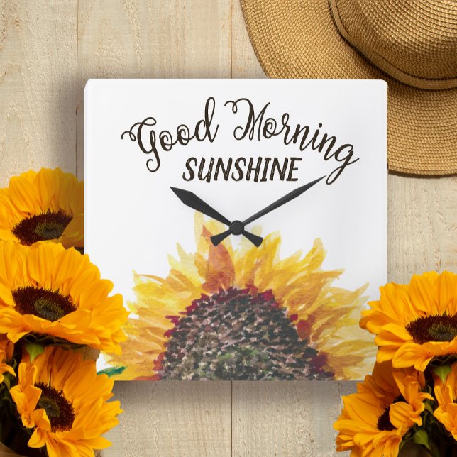 Yellow Brown Sunflower White Good Morning Sunshine Square Wall Clock (Creator Uploaded)