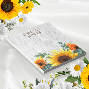 Yellow Brown Sunflower White Rustic Wood Name Notepad