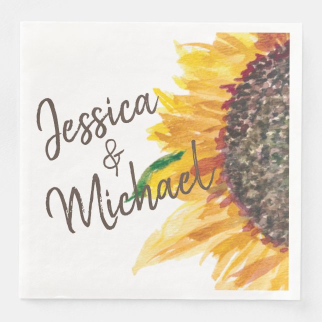 Yellow Brown Sunflower White Wedding Couple's Name Paper Dinner Napkins (Front)